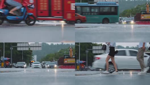 下雨天撑伞过马路的行人脚步特写高清在线视频素材下载