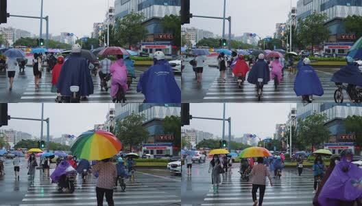 雨中出行通勤的行人车辆高清在线视频素材下载