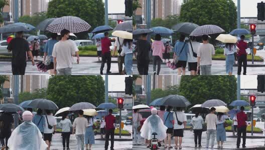 雨中出行通勤的行人车辆高清在线视频素材下载