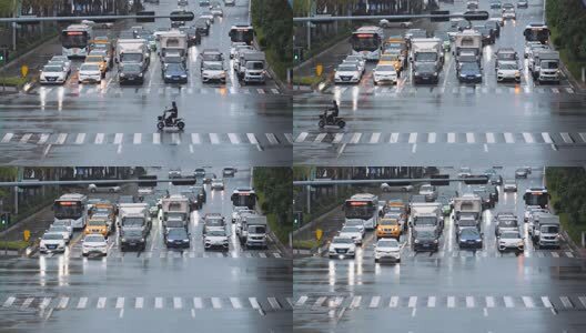 下雨天出行通勤的车辆车流高清在线视频素材下载
