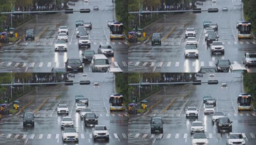下雨天出行通勤的车辆车流高清在线视频素材下载