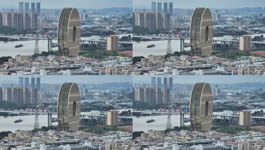 航拍广州城市地标广州圆大厦高清在线视频素材下载