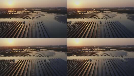 嘉兴光伏发电厂太阳能电池日落航拍晚霞高清在线视频素材下载