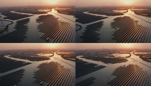 嘉兴光伏发电厂太阳能电池日落航拍晚霞高清在线视频素材下载