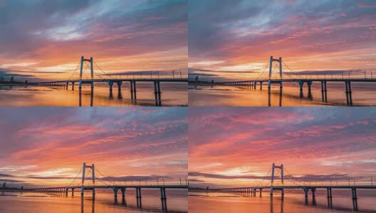 烟台夹河大桥晚霞火烧云航拍延时高清在线视频素材下载