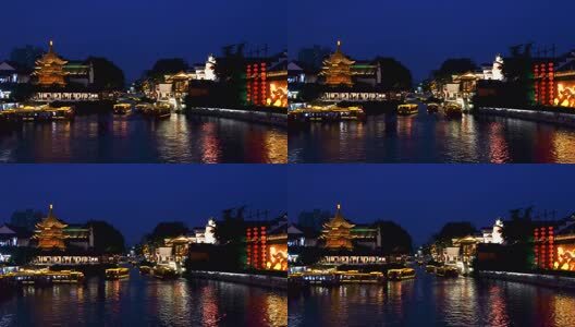 南京夫子庙秦淮河的蓝调夜景风光高清在线视频素材下载