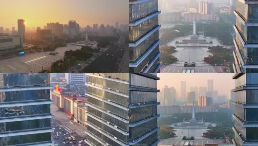 南昌八一广场人民英雄纪念碑日出航拍高清在线视频素材下载