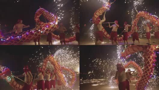 舞龙打铁花民俗表演高清在线视频素材下载