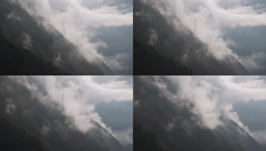 山上晨雾云海里的电网高清在线视频素材下载