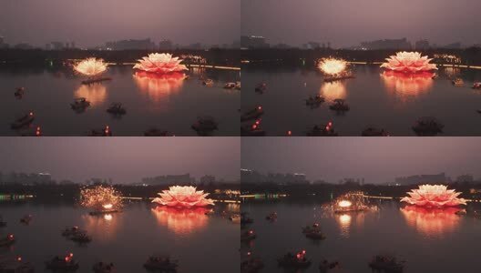 洛阳隋唐城春节水上打铁花表演高清在线视频素材下载