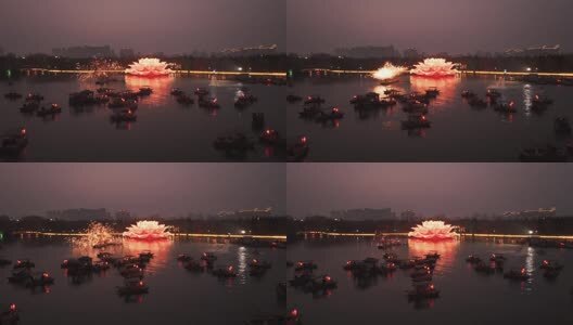 洛阳隋唐城春节水上打铁花表演高清在线视频素材下载