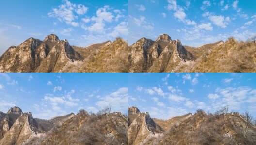 北京春天蓝天白云下长城与开放的山桃花延时高清在线视频素材下载