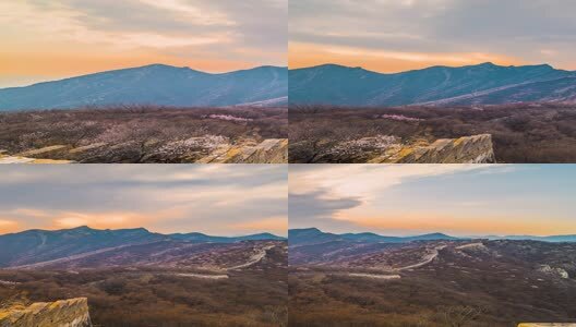 北京春天长城傍晚漫山遍野山桃花夕阳延时高清在线视频素材下载
