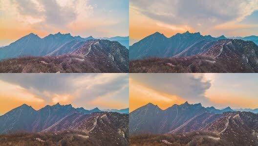 北京春天长城傍晚漫山遍野山桃花夕阳延时高清在线视频素材下载