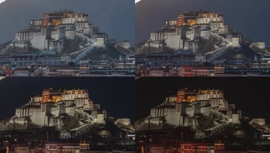 西藏拉萨布达拉宫地标宫殿日落灯光车流延时高清在线视频素材下载