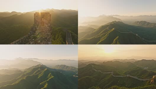 中国万里长城日出航拍多角度合集高清在线视频素材下载