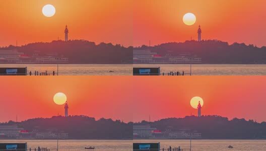 山东省烟台市芝罘区烟台山灯塔悬日日落城市建筑风光延时视频高清在线视频素材下载