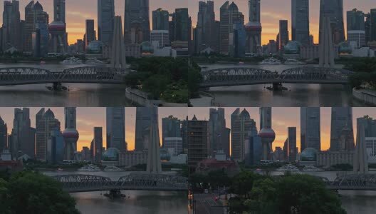 上海日出朝霞火烧云陆家嘴外滩航拍高清在线视频素材下载