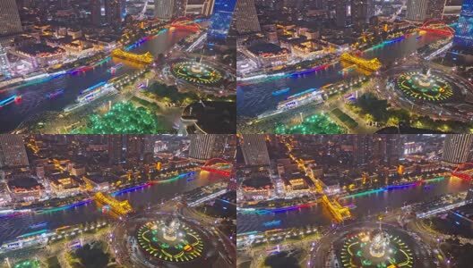 海河游船夜景航拍高清在线视频素材下载