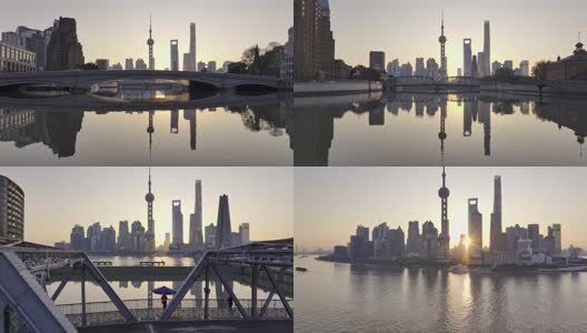 上海日出航拍从苏州河桥穿越到陆家嘴天际线高清在线视频素材下载