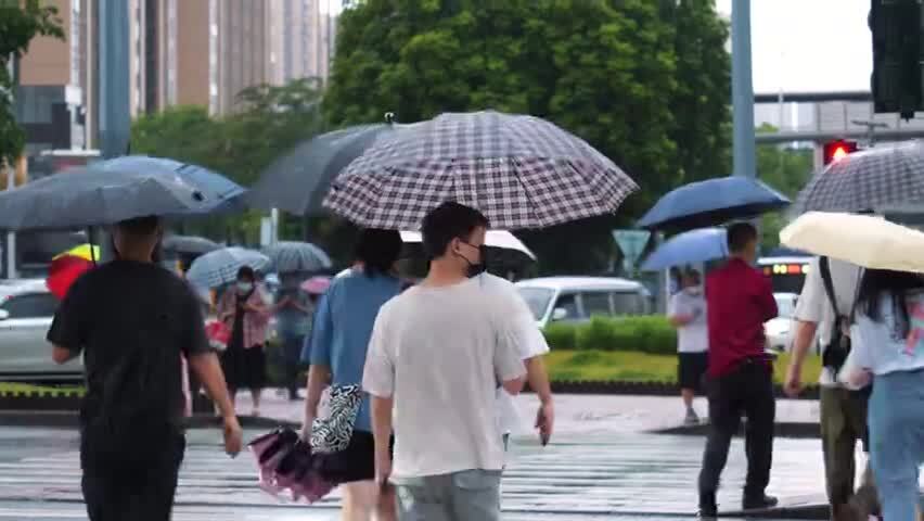 雨中出行通勤的行人车辆