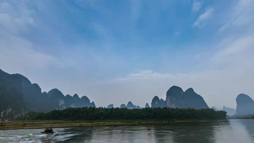 广西桂林阳朔兴坪镇兴坪古镇漓江20元背景蓝天白云唯美延时