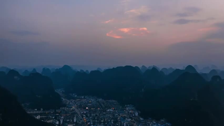 广西桂林阳朔兴坪镇兴坪古镇夕阳晚霞蓝调唯美延时