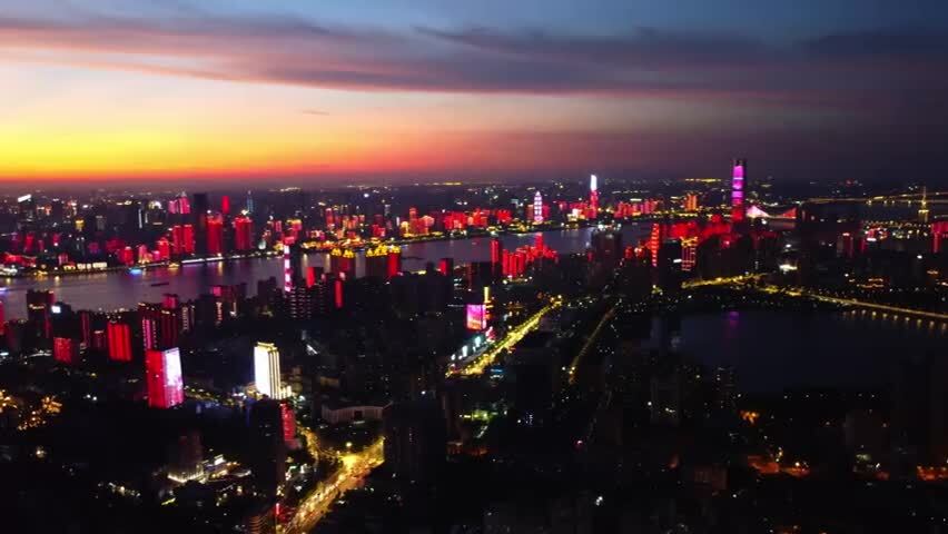 武汉武昌日落霞光火烧云航拍