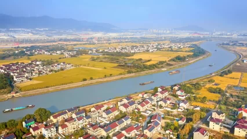 江南湖州秋天稻田丰收航拍