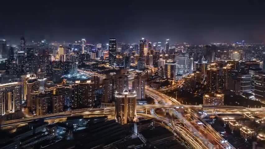 航拍上海静安夜景延时