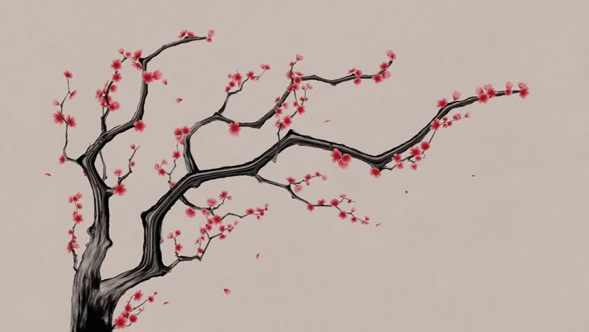 中国风水墨风格梅花与飘落的花瓣