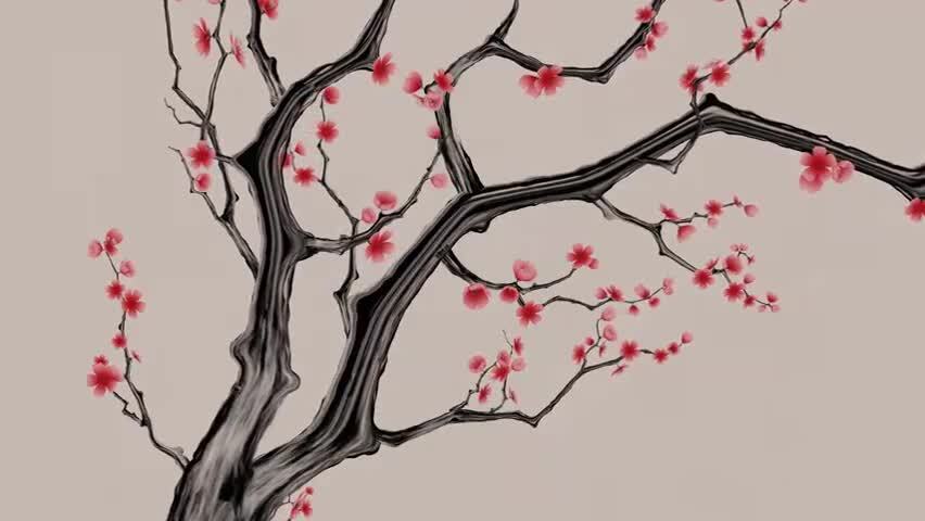 中国风水墨风格梅花与飘落的花瓣