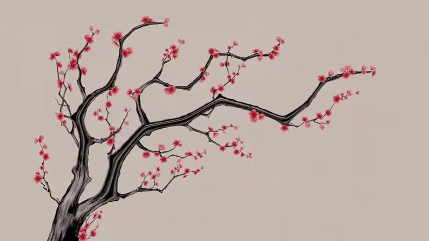 中国风水墨风格梅花与飘落的花瓣