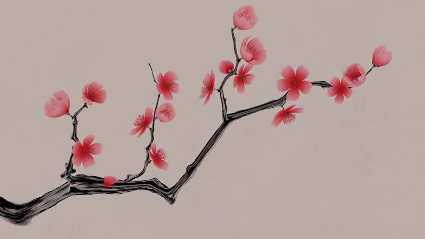 中国风水墨风格梅花与飘落的花瓣