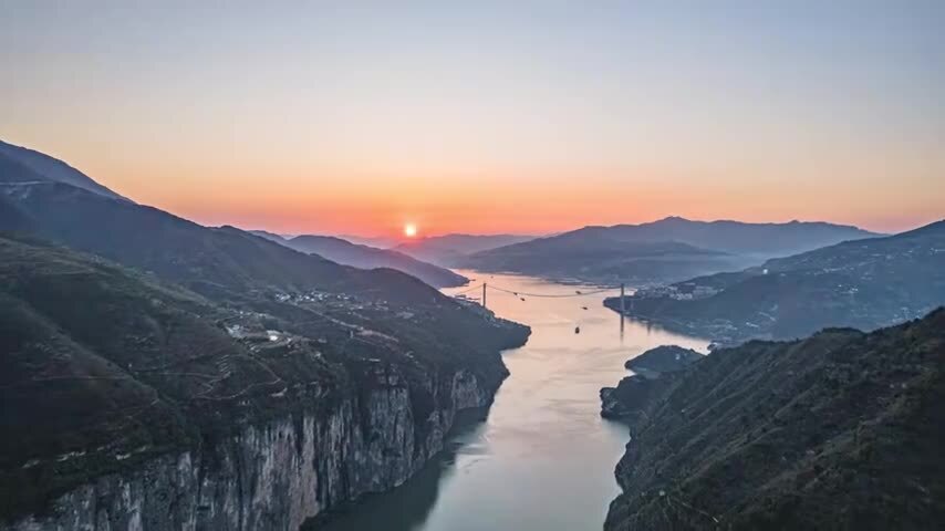 8K震撼瞿塘峡长江三峡全景日落延时