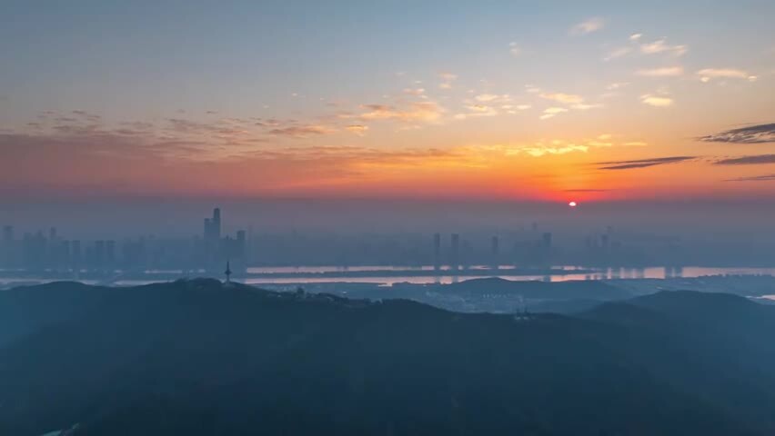 4k长沙岳麓山日出航拍延时