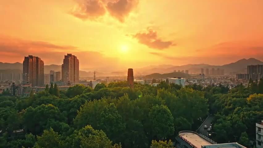 金华浦江塔山公园日落霞光航拍