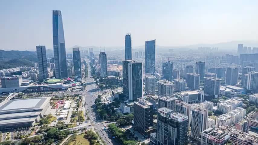 8K震撼东莞CBD十字路口交通车流航拍延时
