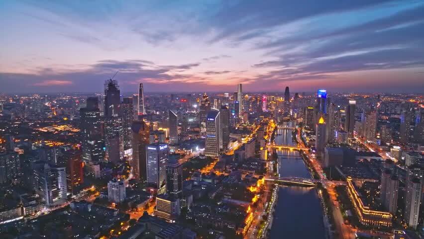 航拍天津城市晚霞