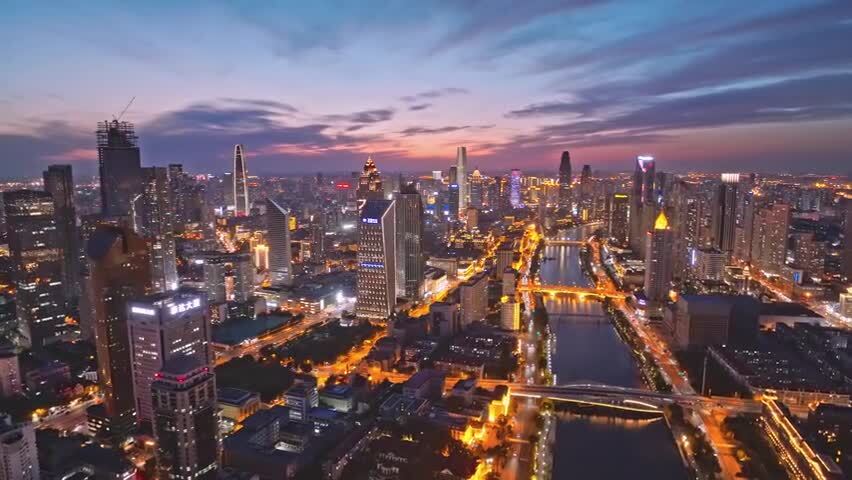 航拍天津城市晚霞