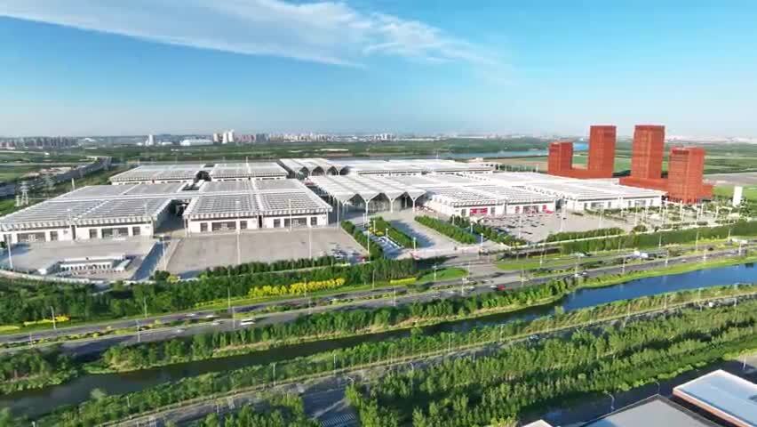 航拍天津国家会展中心蓝天白云