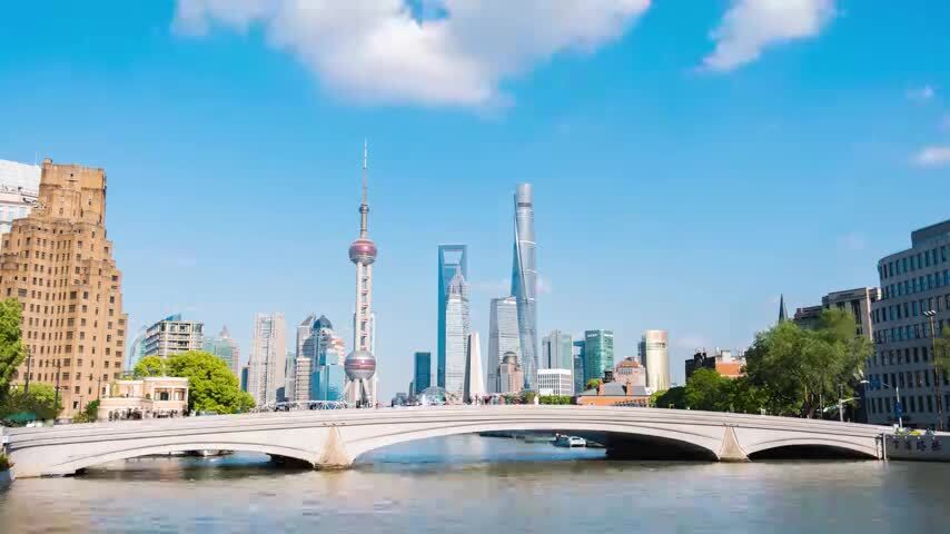 上海陆家嘴蓝天白云延时摄影风光