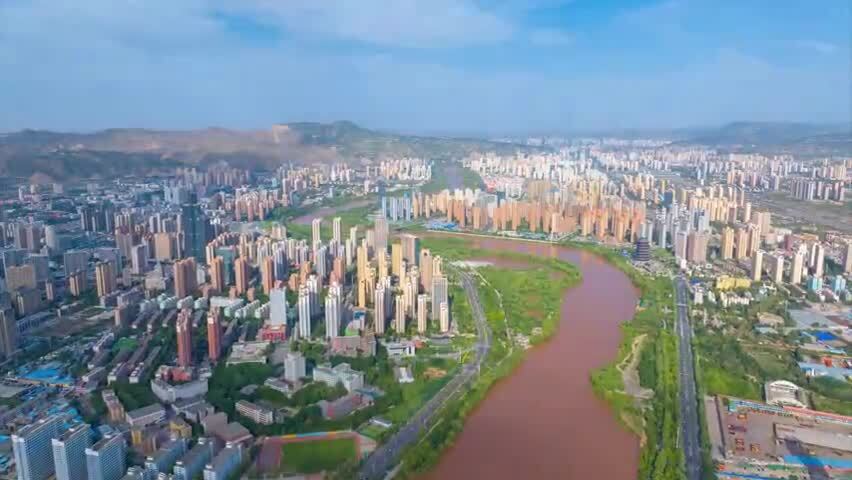 航拍兰州市安宁区银滩湿地公园