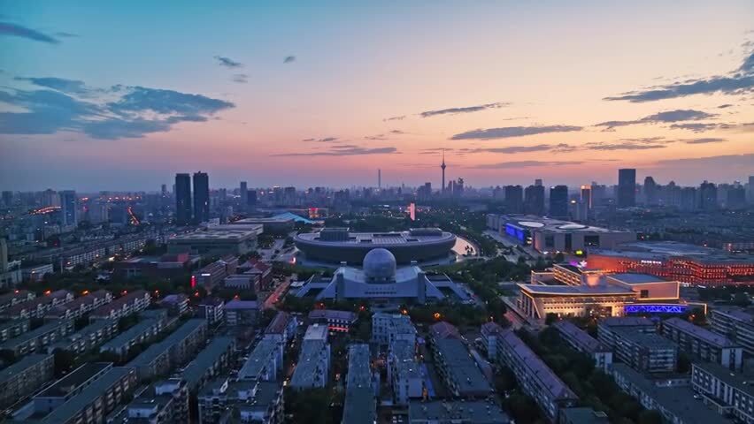航拍天津城市晚霞