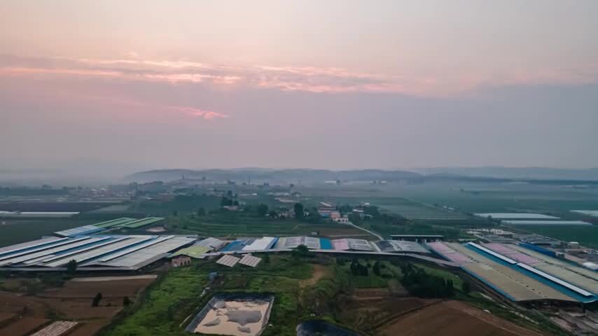 山东省烟台市莱阳市朝日绿源农场大棚日出航拍延时视频