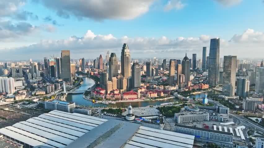 天津津湾广场蓝天白云航拍空镜