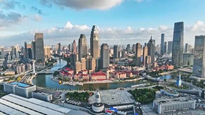 天津津湾广场城市风光航拍空镜