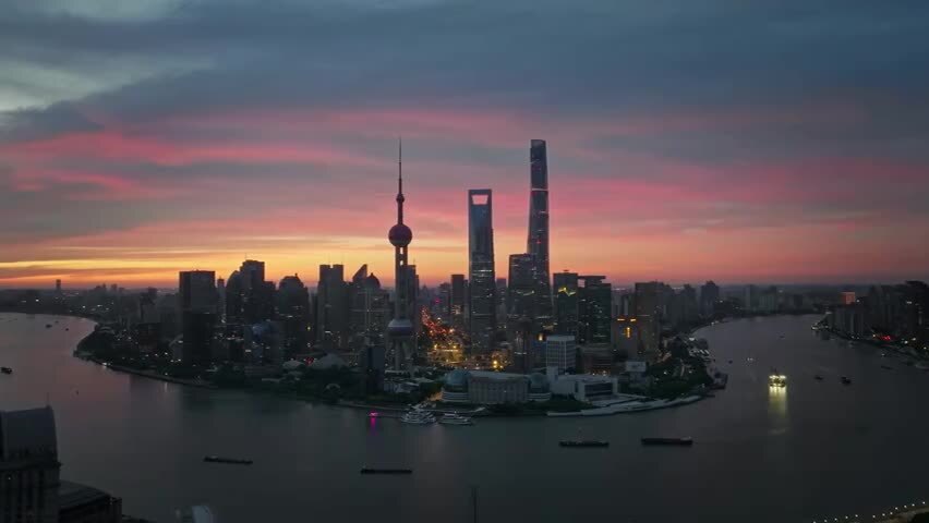 上海日出朝霞火烧云陆家嘴外滩航拍