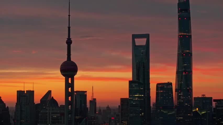 上海日出朝霞火烧云陆家嘴外滩航拍