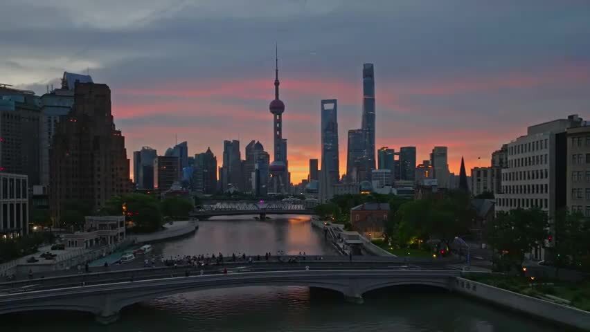 上海日出朝霞火烧云陆家嘴外滩航拍